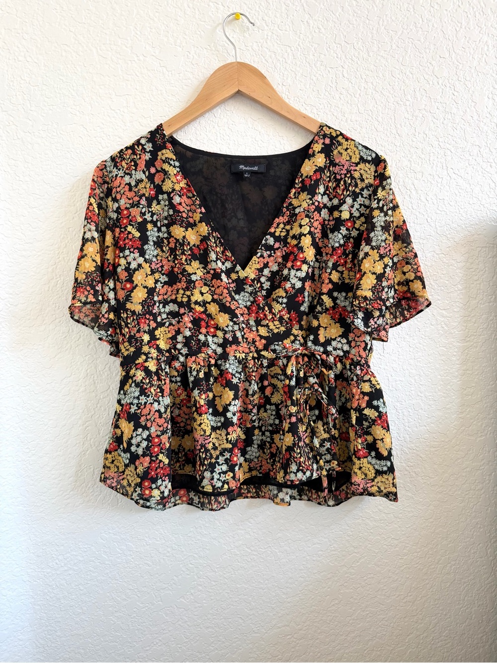 Madewell Floral Peplum Top - Black with Yellow & Coral Floral Size Small S